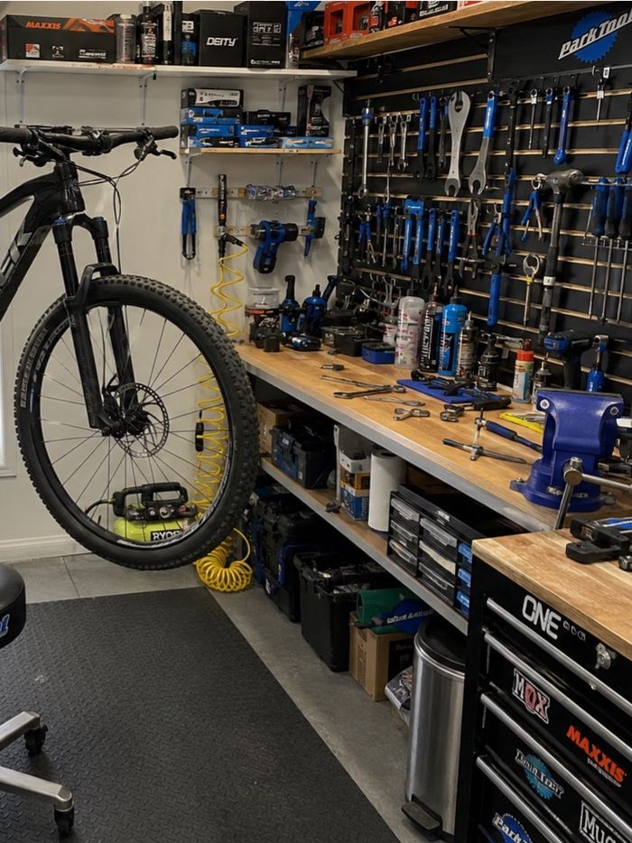 Bike workshop with a mountain bike in a stand, a wall of Park Tool tools and a tool chest
